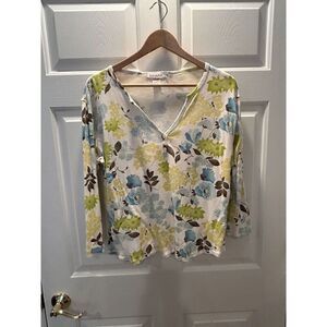 Fresh Produce Floral Top Women XL  100% Cotton V Neck Button Accent #8659 ATAMHN